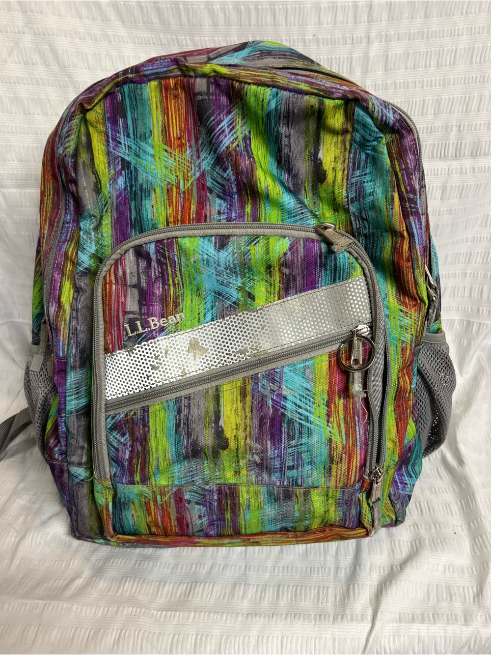 L.L. Bean Multicolor Brushstroke Stripe Backpack with Gray Accents